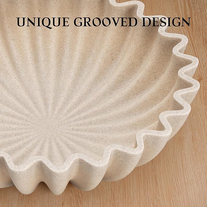 Large Decorative fruit bowl for Home Decor Modern Handicraft Key Bowl for Entryway Table Ruffle Centerpiece Stylish Purse Bowl for Kitchen Counter Coffee Table(Artificial Stone Beige)