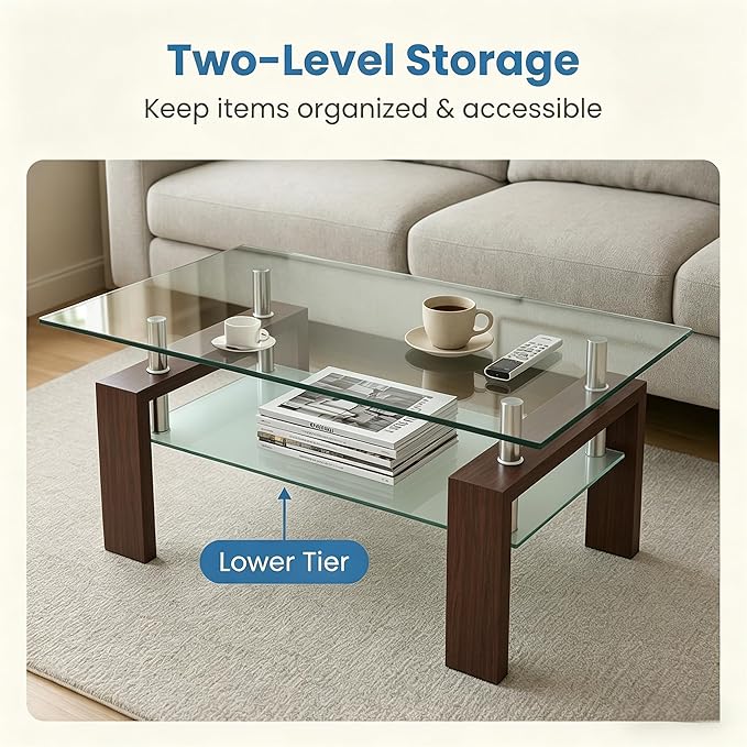 Meihua Rectangle Glass Coffee Table for Living Room, Modern Center Table Metal Tube Legs for Home Office, Brown