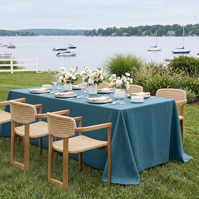 Solino Home Linen Tablecloth for Rectangle Tables 60 x 156 Inch - 100% Pure Linen Peacock Blue Table Cloth - Fete, Machine Washable Cloth Tablecloth