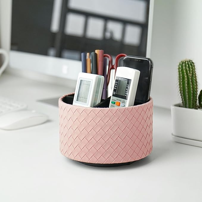 Round Leather Art Supply Organizer,Remote Control Holder,360 Degree Spinning,Multi-Functional Pencil Holder,4 Compartments Desktop Stationary Organizer(1-Weave Pink)