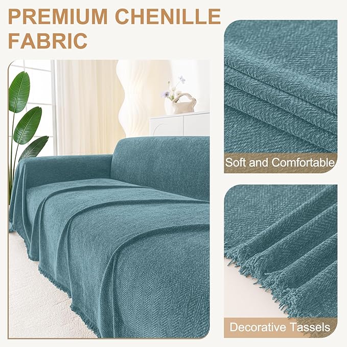 Smiry Couch Cover for Dogs, Washable Chenille Sofa Covers for 3 Cushion Couch, Soft Sofa Slipcover for Pets, Thick Sectional Furniture Protector with Tassels (Blue, 71x102 Inch)