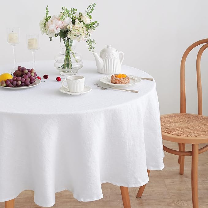 Linen World Linen Tablecloth,100% French Linen Round Tablecloth 60" Inch,Washable White Tablecloth for Dining,Outdoor,Weddings and Restaurants,Decorative Thanksgiving Christmas