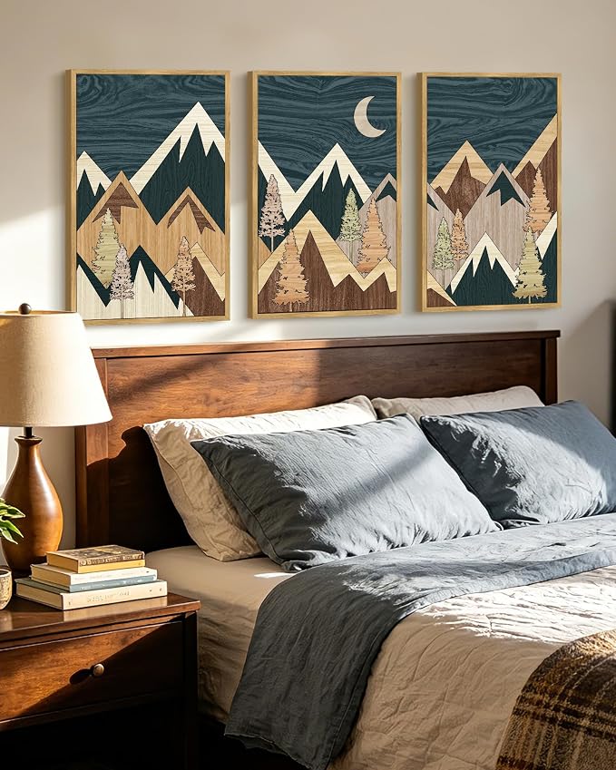 KUVIOKE Woodcut Pine Tree Forest Mountains Framed Wall Art Nature Landscape Prints Morden Farmhouse Bedroom Hallway Ready to Hang 16x24in (Natural Framed)