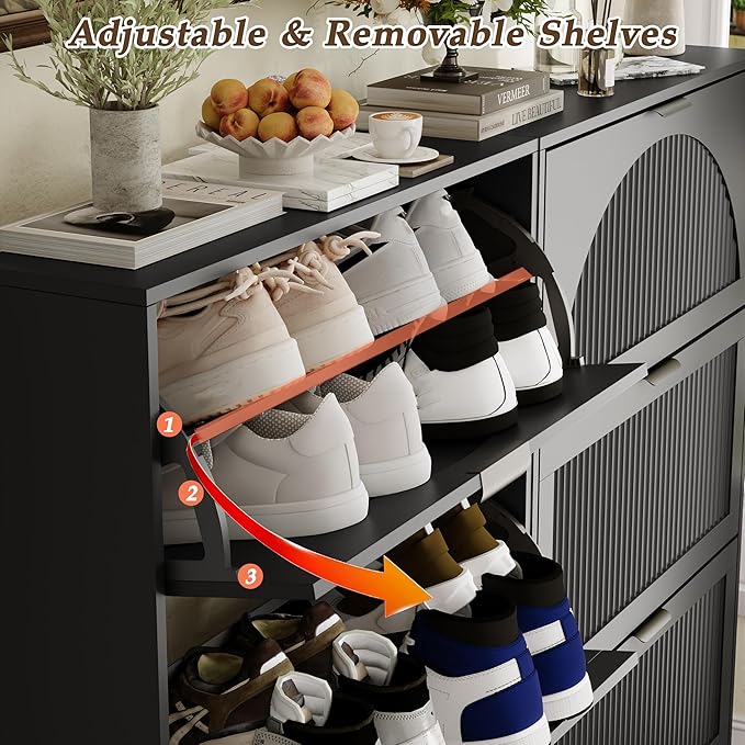 Shoe Storage Cabinet with 3 Flip Drawers, Narrow Wood Shoe Organizer Cabinet with Fluted Panel, Slim Shoe Rack for Entryway, Freestanding Shoe Cabinet for Living Room, Hallway, Black