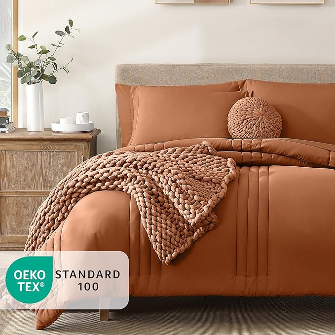 Monbix California King Size Comforter Set - 7 Pieces Bed in a Bag, Burnt Orange Bedding Sets with Comforter, All Seasons Comforter Bed Set with Sheets, Pillowcases & Shams