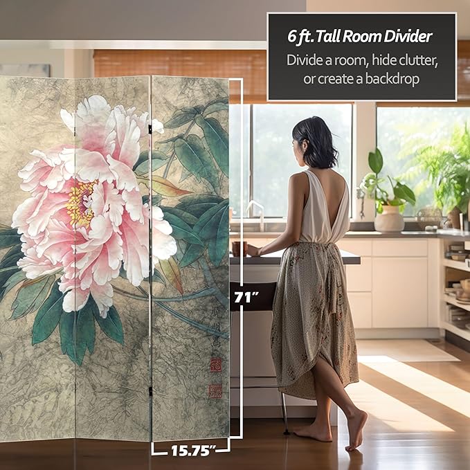 Red Lantern 6 ft. Tall Double Sided Doves and Peonies Canvas Room Divider 4 Panel Freestanding Folding Privacy Screen Partition and Separator for Modern and Contemporary Bedroom Home Office Dorm