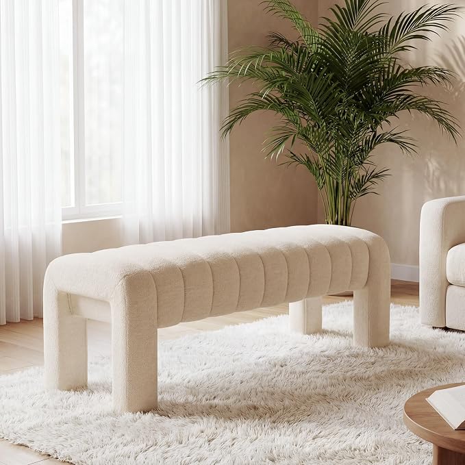 43.3" Bedroom Bench, Upholstered Entryway Bench, Modern End of Bed Ottoman with Solid Wood Legs and Adjustable Foot Pegs for Entryway, Dining Room and Living Room (Beige Linen)