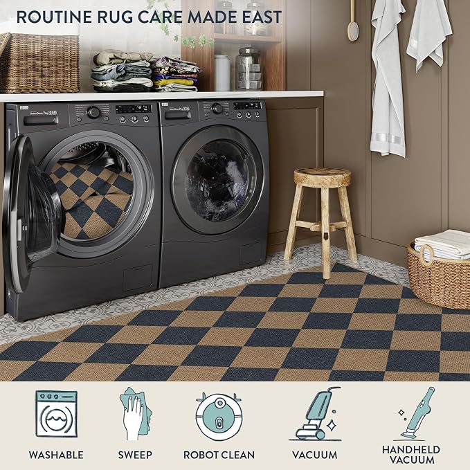 Lahome Colette Checkered Easy Jute Entryway Rug, 3x5 Washable Area Rugs for Living Room Outdoor Patio, Non Slip Blue Indoor Door Mat Checkerboard Throw Carpet for Entry Front Door Guestroom Deck