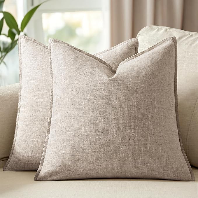 24x24 Inch Set of 2 Decorative Linen Solid Throw Pillow Covers Boho Farmhouse Euro Pillows Modern Neutral Home Decor for Couch Sofa Living Room Bed,Natural Linen