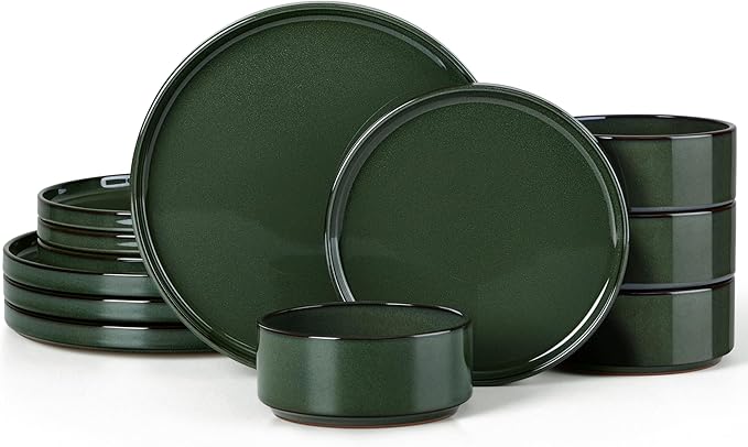 Herogo 12 Pieces Stoneware Dinnerware Set for 4, Ceramic Dinner Dishware Sets for Home Kitchen, Plates and Bowls with Rustic Terracotta Bottom, Dishwasher & Microwave Safe, Dark Green