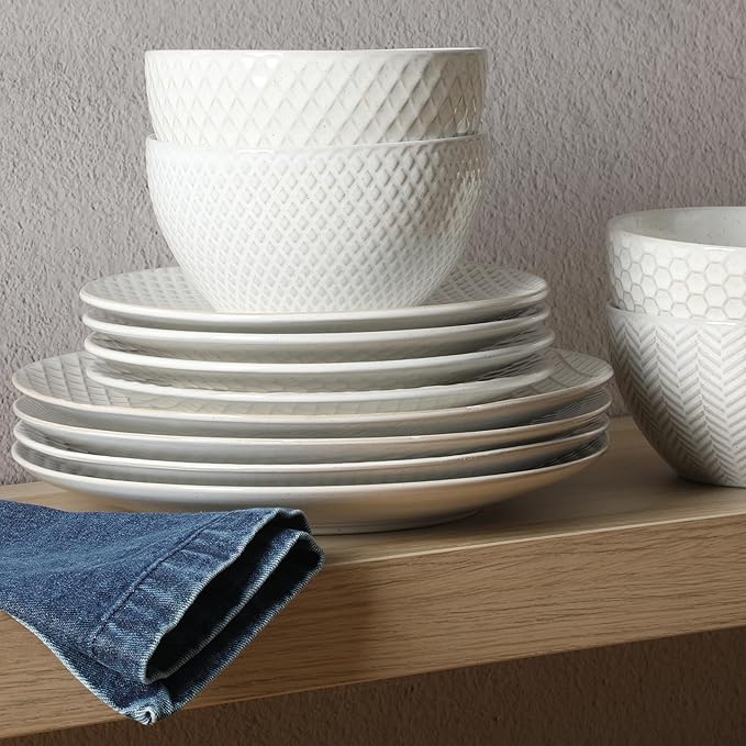 Gibson Elite Oyster Tide Embossed 12 Piece (Service for 4) Plates and Bowls Reactive Glaze Round Dishes Stoneware Ceramic Dinnerware Set, White