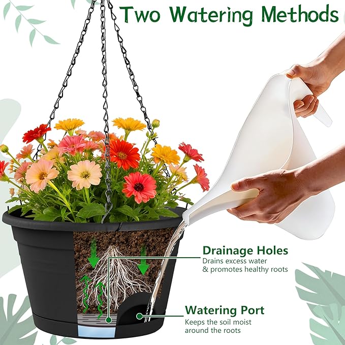 Nooulap 4 Pack Hanging Planters, 10 Inch Hanging Plant Pot with Hanger Chain & Drainage Trays, Hanging Baskets for Plants Outdoor Indoor, Flowers Pots for Home, Garden, Porch Decor (Black)