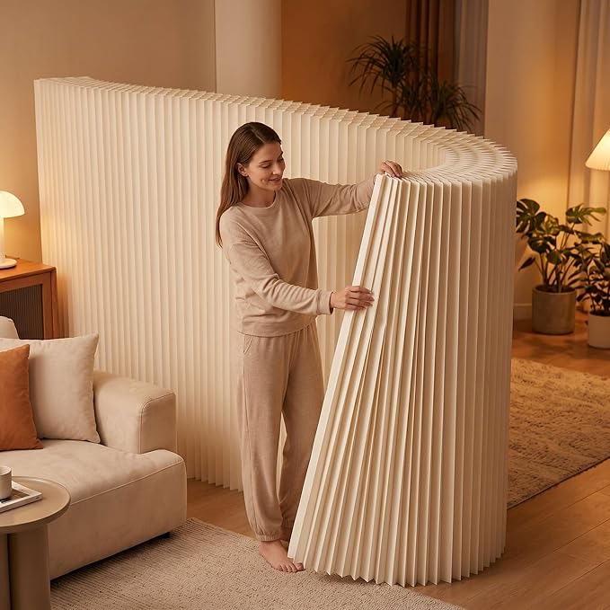 Folding Paper Room Divider Panel, Portable Partitions Wall Divider for Room Separation, Retractable Accordion Privacy Screens for Dorm Studio Office, Easy for Use and Store, Versatile Shapes, White