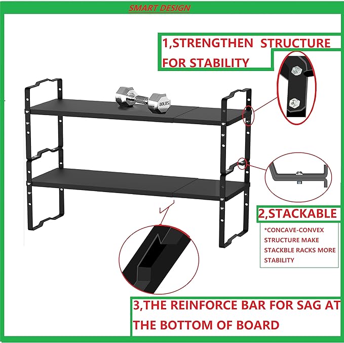 Jojocross Expandable Shelf for Cabinet Organizer Adjustable Stackable Spice Rack at Kitchen and Bathroom More, Counter Countertop Cupboard Organization Pantry Storage(LARGE/2PACKS/BLACK)