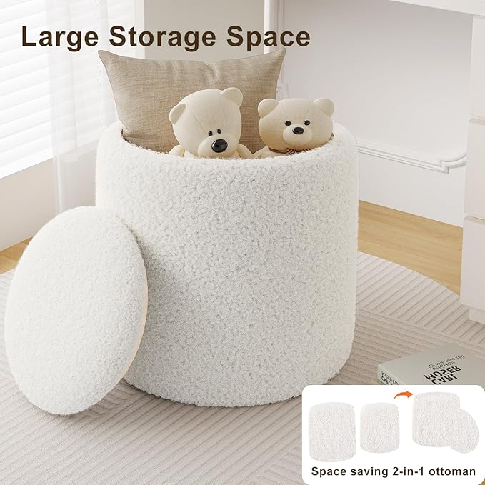 Round Boucle Ottoman with Storage Set of 2, White Ottoman Poufs for Living Room, Sherpa Storage Ottoman Stool, Cute Teddy Foot Rest, White Makeup Vanity Stool Chair, Small Coffee Table