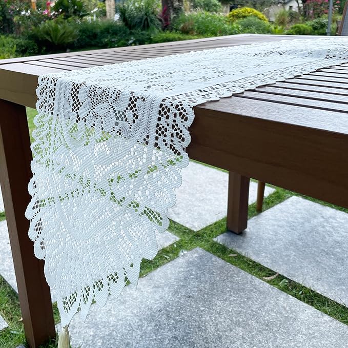 2Pcs Lace Table Runners with Tassels, Farmhouse Boho Doily Vintage Floral Dollies for Tables Dresser Nightstand Decor, 13"x45" (White)