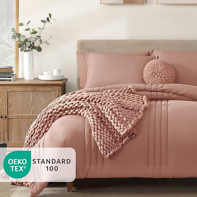 Monbix Full Size Comforter Sets - 7 Pieces Clay Pink Bed in a Bag Full Size Bedding Sets with Comforters, All Seasons Comforter with Sheets, Pillowcases & Shams