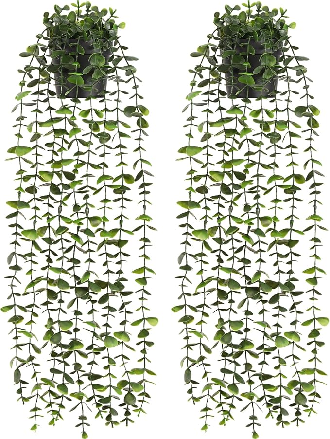 Waipfaru 2Pcs Fake Hanging Plants with Pot, Artificial Potted Faux Eucalyptus Plants Fake Vines Ivy Artificial Plants Outdoor Faux Plants Indoor Bedroom Living Room Boho Wall Porch Shelf Decor