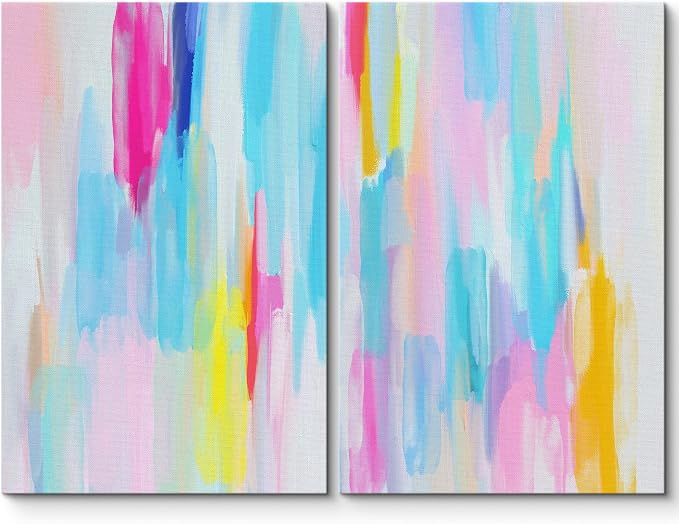 SIGNLEADER Framed Canvas Print Wall Art Set Vibrant Blue Pink Pastel Stripes Abstract Shapes Digital Art Modern Art Decorative Minimal Relax/Zen for Living Room, Bedroom, Office - 24"x36" x 2