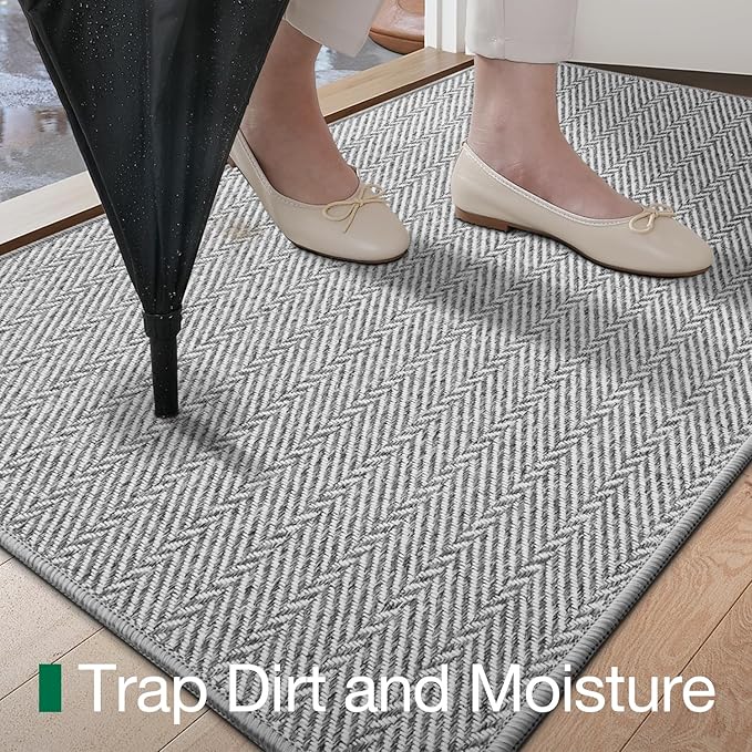 LUMI Ultra Thin Indoor Door Mat for Entrance 24"x36", Non Slip Entryway Mat, Low Profile Doormat, Unique Herringbone Design Carpet for Inside, Patio, Porch, Gray