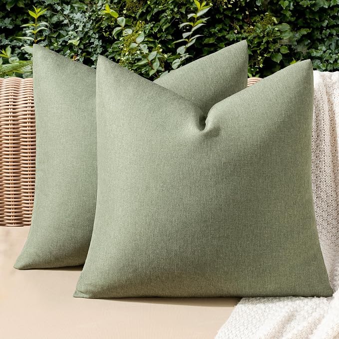 MIULEE Pack of 2 Decorative Outdoor Solid Waterproof Throw Pillow Covers Spring Faux Linen Garden Farmhouse Cushion Cases for Patio Tent Balcony Couch Sofa 20x20 Inch Gray Green