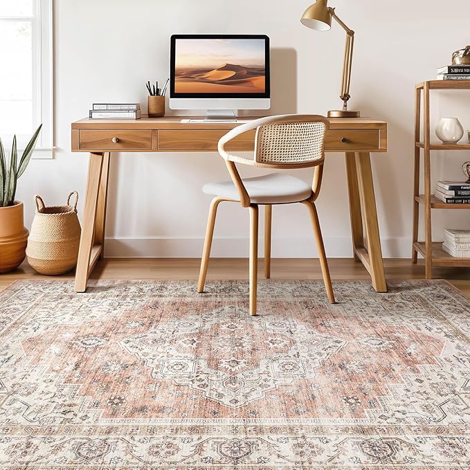 6x8 Area Rug Living Room: Washable Boho Large Neutral Vintage Soft Rug Stain Resistant Farmhouse Non-Slip Indoor Floor Retro Carpet for Bedroom Nursery Kids Office Dining Room- Pink Brown