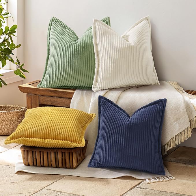 decorUhome Summer Corduroy Dark Navy Throw Pillow Covers 20x20 Set of 2 Decorative Soft Boho Farmhouse Couch Pillow Covers for Living Room Bed Sofa Broadside Striped Pillow Cases