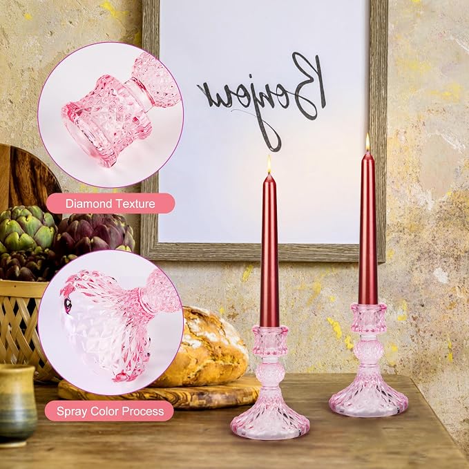 Glass Candle Holder, 2PCS Decorative Candle Sticks Pillar Candle Stand for Formal Events Wedding Party Table Centerpieces Home Decoration, Pink