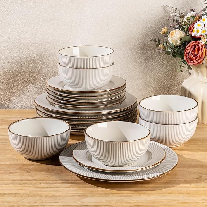 GBHOME Ceramic Dinnerware Sets,18 pcs Embossed Elegant Stoneware Plates and Bowls Sets, Housewarming Wedding Gift | Dishwasher & Microwave Safe | Dishes Set Service for 6