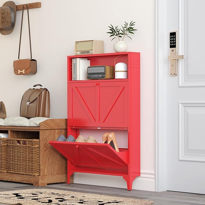 Shoe Storage Cabinet for Entryway with 2 Flip Drawers, Freestanding Shoe Organizer with Legs,Farmhouse Narrow Shoe Storage Cabinet for Entryway, Foyer,Living Room (2-Doors, Red)