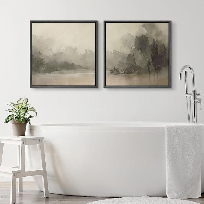 SIGNFORD Framed Canvas Print Wall Art Set Mystic River Fog Waterfront Nature Illustrations Modern Art Minimal Relax/Calm for Living Room, Bedroom, Office - 16"x16"x2 Black