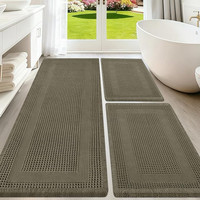 Upgraded Waffle Bath Mat Set 3 Piece Greyish Green-Looped, Super Absorbent Non-Slip Quick Dry Bathroom Rugs with Tassels, Machine Washable Ultra Soft Boho Bath Rugs, Toilet Mats Boho Farmhouse Decor