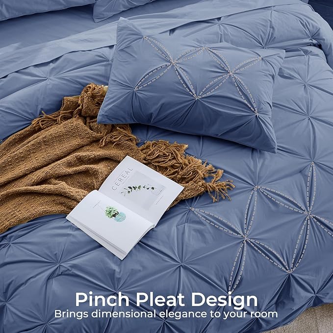Sasttie Queen Comforter Set, 7-Piece Bed in a Bag, Pintuck Bedding Sets for All Season, Includes Comforter, Flat Sheet, Fitted Sheet, Pillowcases and Pillowshams, Slate Blue