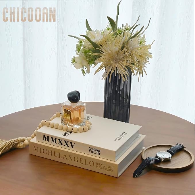 4-in-1 Decorative Books Set, Coffee Table Books Decor, 2 Linen Fake Book Boxes with Wood Tray, Bead Garland for Decoration, Bookshelf Boho Neutral Aesthetic Decor