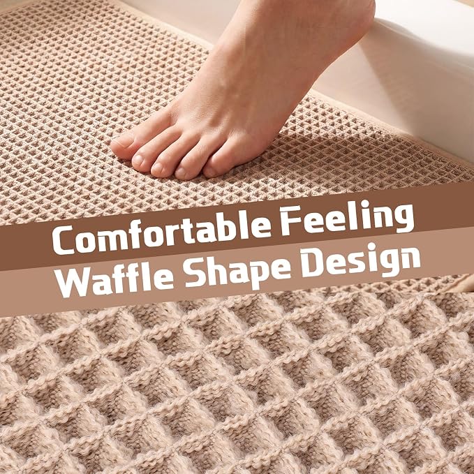 Dunzy Waffle Bath Mat Set of 2 Boho Bathroom Rugs Set 16" x 24" Half Circle Non Slip Washable Absorbent Bath Rugs for Bathroom Floor Tub Soft Quick Dry Shower Mat for Home Farmhouse Boho Kitchen Decor