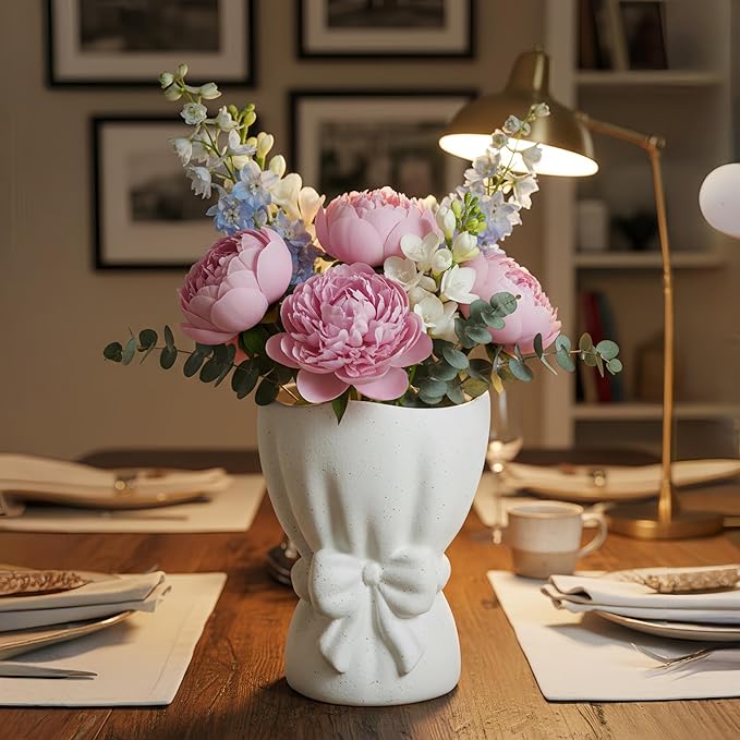 Lvases Bow Knot Ceramic Flower Vase, Textured Frosted Speckled White Minimalist Vases for Home Decor Bedroom Living Room Table Centerpiece