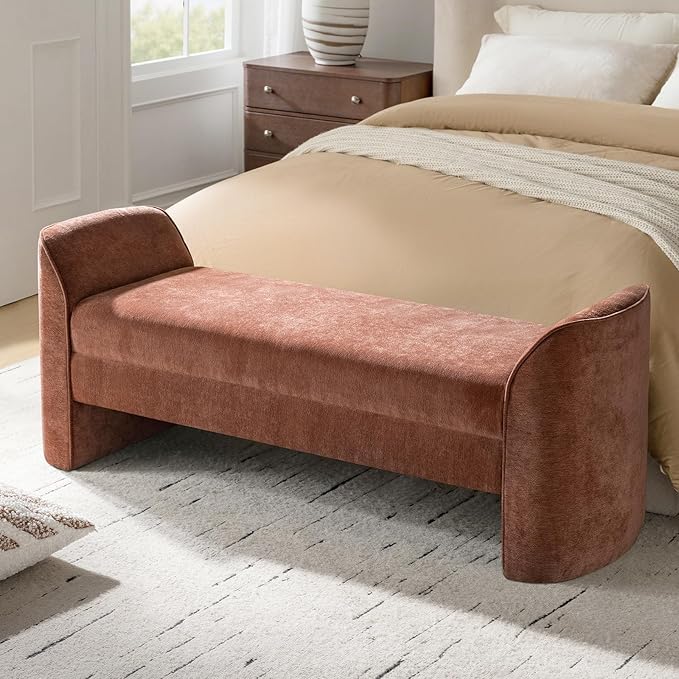 HULALA HOME 57" Modern Chenille Bench with Thick Padded Seat, Upholstered End of Bed Bench for Bedroom, Entryway & Living Room Seating, Rust