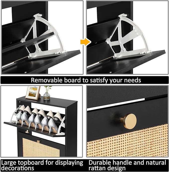 Finnhomy 3 Tier Shoe Cabinet with Natural Rattan Flip Drawers for Entryway, Free Standing Slim Shoe Storage Organizer with Large Top Board, Shoe Cabinet with Adjustable Width Drawers, Black
