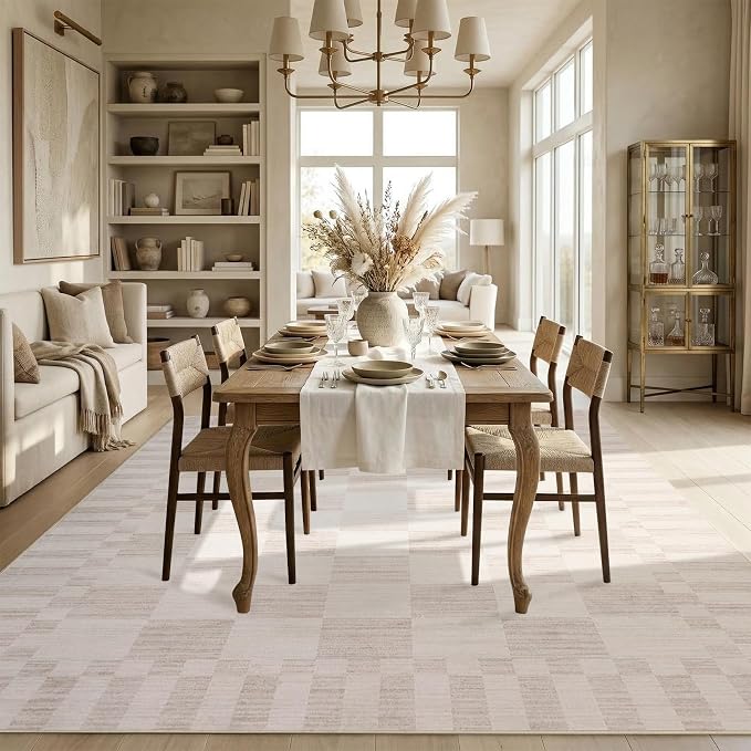GarveeHome 8×10 Area Rugs for Living Room,Beige Checkered Rug，Modern Non-Slip Washable Farmhouse Geometric Checkerboard Rugs for Bedroom Dining Room Office