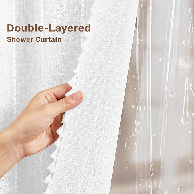 BTTN 3 in 1 Shower Curtain with Liner, 80 Inch Long Boho Linen Striped Cloth Shower Curtain Set with Hook, Tall Rustic Farmhouse Bohemian Waterproof Fabric Shower Curtain for Bathroom, White, 72x80