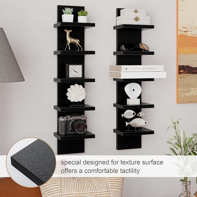 Fun Memories 5 Tier Wall Shelf Unit, Black Floating Shelves for Storage - Vertical Column Tower Design, Lack Wall Shelf Space Saving Organizer for Bedroom, Living Room, Home Decor， 2Pack