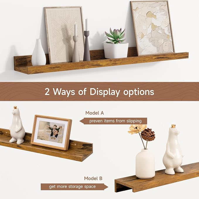 Fun Memories Picture Ledge Shelf, 24 Inch Floating Shelves Set of 2, Nursery Book Shelves for Storage, Bookshelf Wall Mounted for Wall Decor Books Photo Frames, Rustic Brown