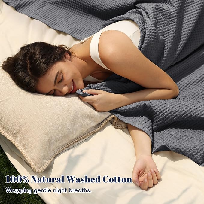 PHF Pre-Washed 100% Cotton Waffle Weave Blanket King Size for Bed,Snag Proof Throw Blanket for Couch Spring Summer Lightweight Breathable,Machine Washable, Home Decor Gift - Charcoal