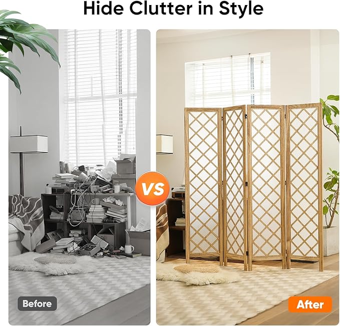 Decorative Japanese Shoji Screen Room Divider, 4-Panel Diamond Lattice Partition, Lightweight Folding Privacy Screen for Bedroom, Beige, 67" H x 64" W