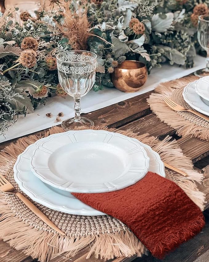 60 Pack Terracotta Napkins Cotton Linen Napkin 16 x 16 Inch Terracotta Napkins Cloth Handmade with Fringe Soft Washable Rustic Dinner Napkin Cloth for Wedding Party Dinner Table