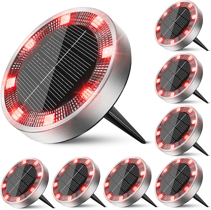Peasur Mini Solar Ground Lights Outdoor, 8 Pack Flat Solar Powered Disc Lights, IP68 Waterproof, Anti-Rust, Landscape Lighting for Pathway Garden Yard Lawn Walkway Landscape Driveway, Red
