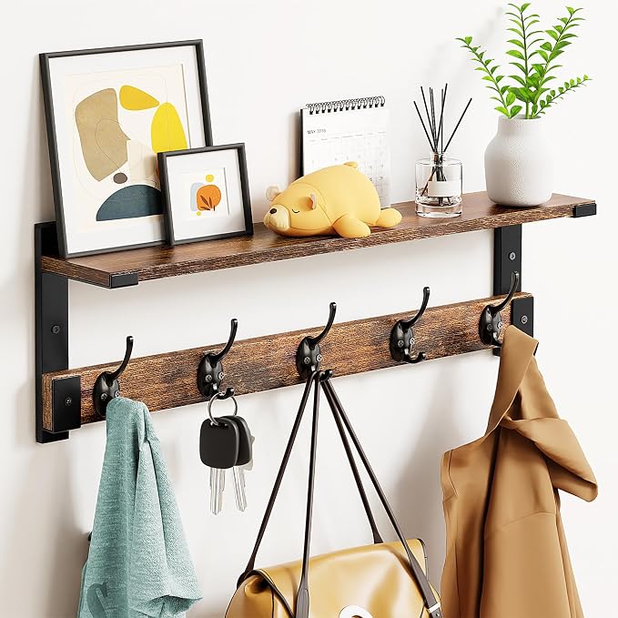 Oraich Coat Rack Wall Mount with Hooks and Shelf for Coat, Backpack, Key, Clothes Hanger, Wall Floating Shelf for Entryway, Living Room, Bathroom, Bedroom, Kitchen