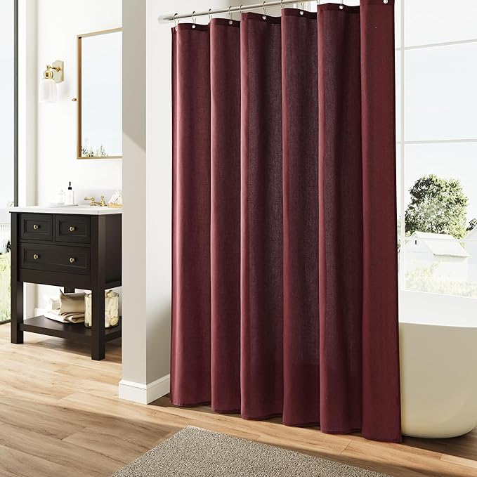 Naturoom Burgundy Linen Shower Curtain, Country Boho Farmhouse Bath Decor Shower Curtains Neutral Cloth Weighted Textured Fabric Bath Curtain Liner with Hooks, 72x96