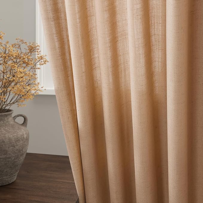 Nanspring Camel Linen Semi Sheer Curtains 72 Inches Long 2 Panels Set for Bedroom Rod Pocket Back Tab Light Filtering Privacy Drapes Cotton Textured Farmhouse Living Room Curtain 52X72 Inches