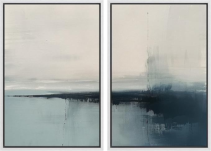 SIGNWIN Framed Canvas Print Wall Art Modern Blue Ocean-Inspired Coastal Abstract Serene Neutral Tones with Subtle Patterns Illustrations Decorative for Living Room, Bedroom, Office - 16"x24"x2 White
